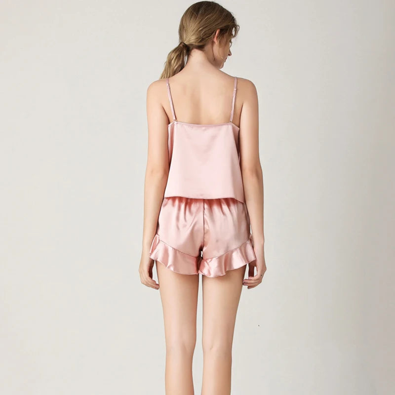 Ruffled Satin Cami Pajama Set