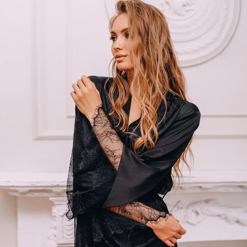 Lace Trim Satin Kimono Robe