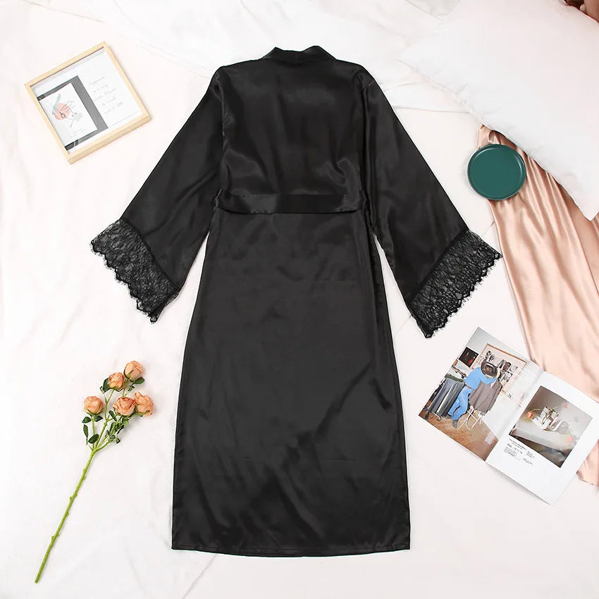 Lace Trim Satin Kimono Robe