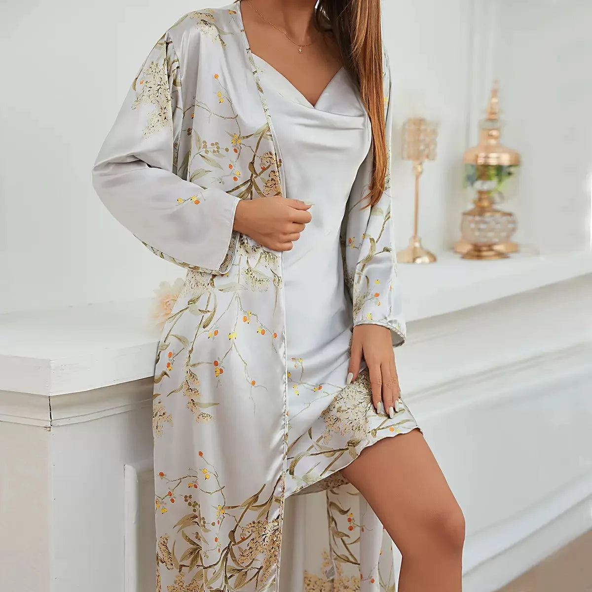 Floral Satin Robe Pajama Set