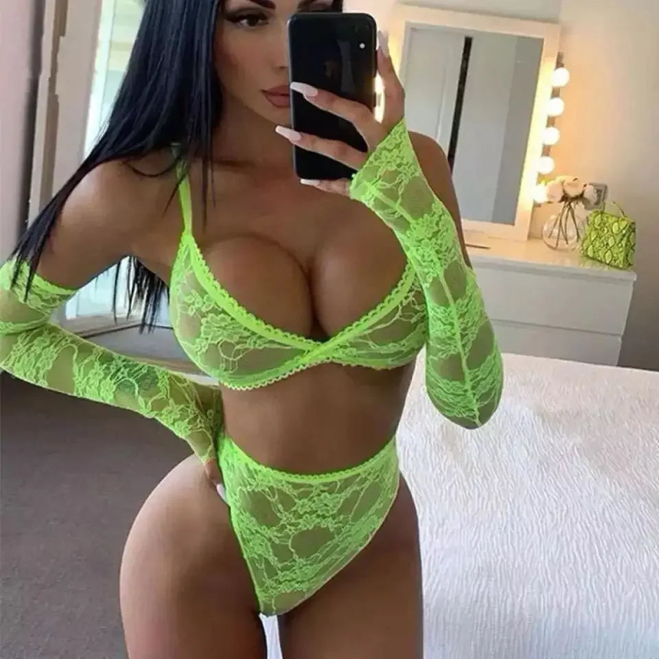 Sheer Lace Thong Lingerie Set