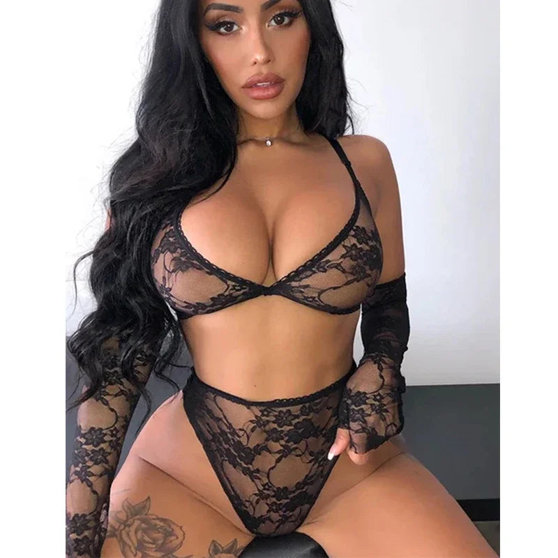 Sheer Lace Thong Lingerie Set