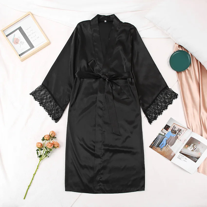 Lace Trim Satin Kimono Robe