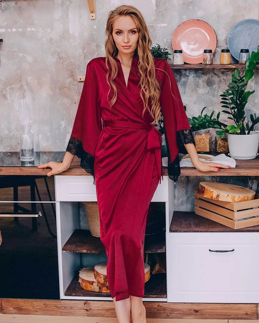 Lace Trim Satin Kimono Robe