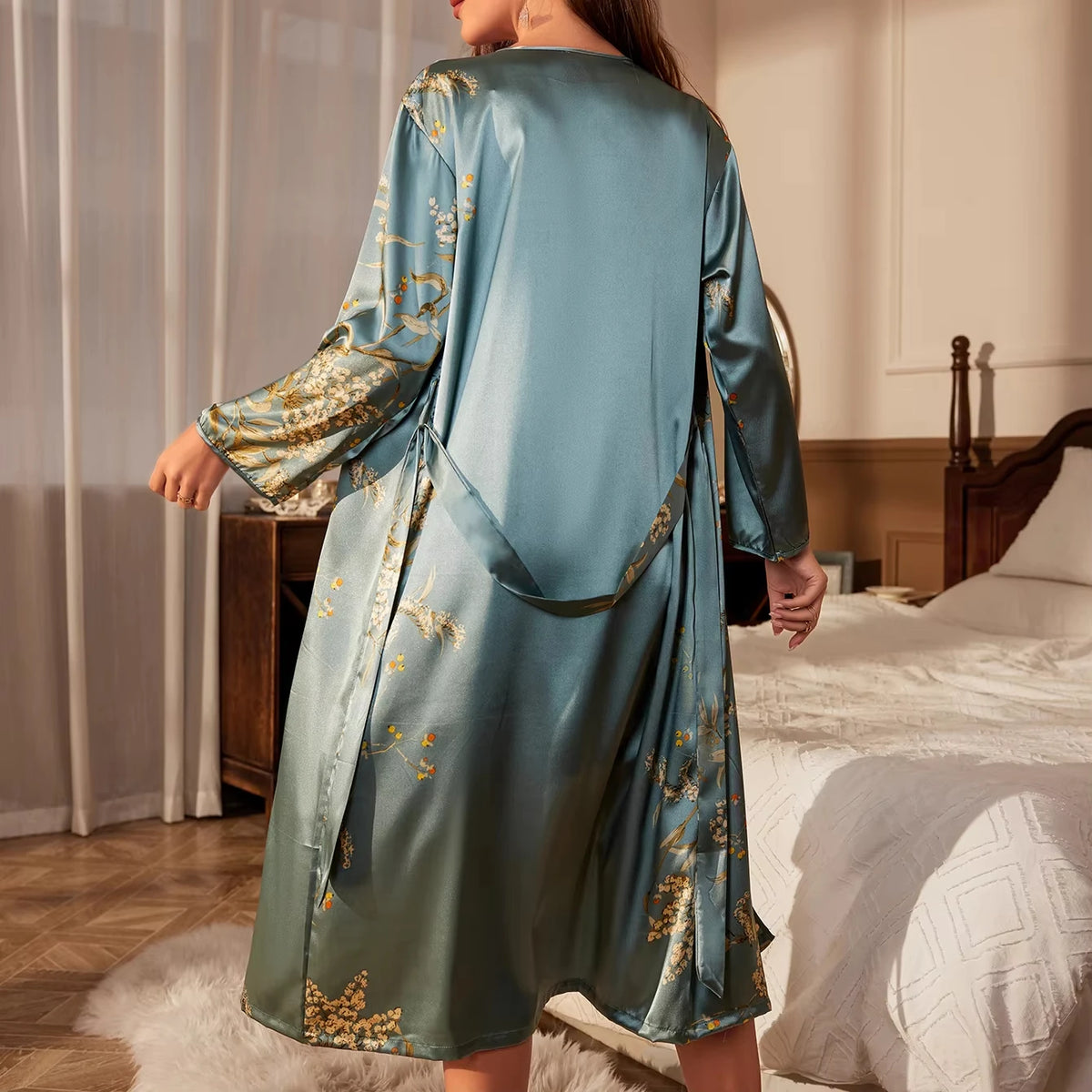 Printed Satin Tie Waist Robe