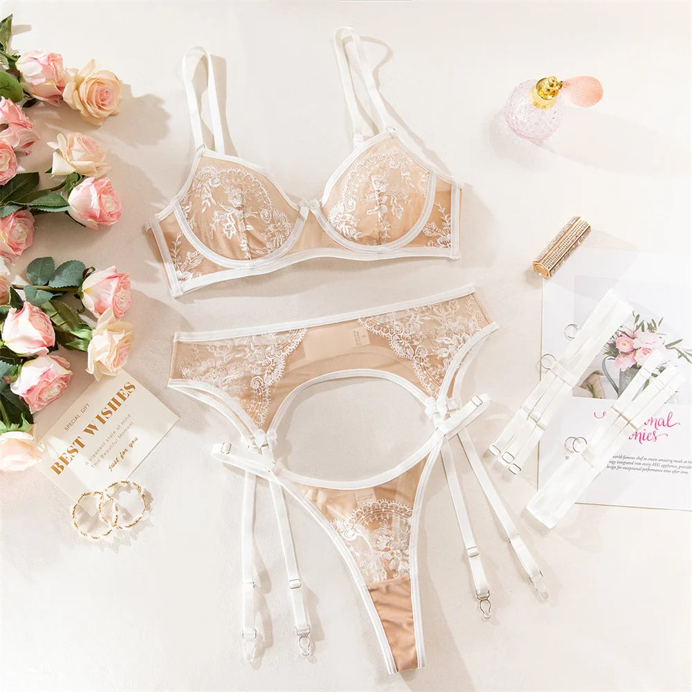 Floral Embroidery Four-Piece Lingerie Set